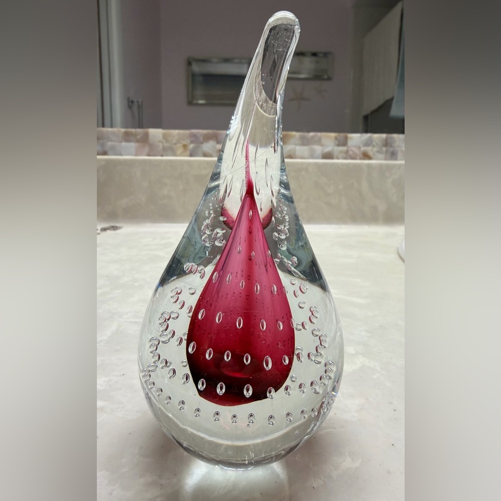 Adam Jablonski Signed Lead Crystal  Art Glass Paperweight 5 1/8" Pink Bubbles